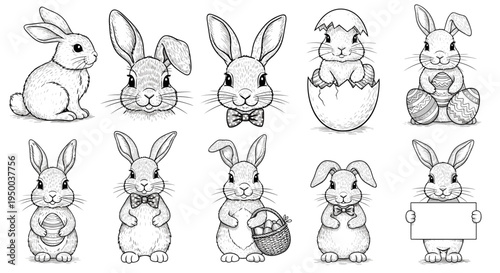 Sweet Easter Bunnies Outlines: Adorable Rabbits Line Art for Coloring Books, Springtime Celebration, Egg Hunt Design, Whimsical Decoration, Vector Illustration, Farm Animals, Holiday Decor, Kids Cards