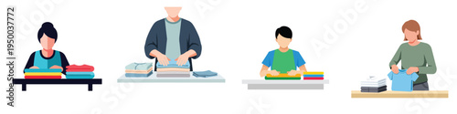 Minimal flat vector illustration of a person folding clean clothes on a table, daily household routine, clean design, no outline, white background