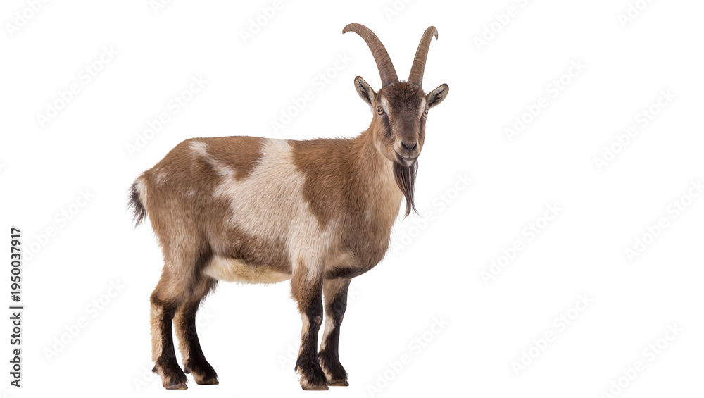 Fototapeta premium Isolated brown and white domestic goat standing and looking directly at camera, full body shot