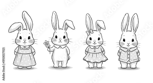 Adorable Bunny Rabbits Group Posing in a Row, Cheerful Springtime Celebration, Easter Holiday Greetings, Cute Cartoon Characters, Whimsical Illustration for Children's Books, Nursery Decor, Baby Showe