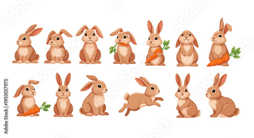 Adorable Brown Rabbits Set: Happy Easter Bunnies Posing with Carrots on White Background - Cute Springtime Lepus Collection, Cartoon Animals for Children's Illustration, Pet Store Ad, Nature Concept,