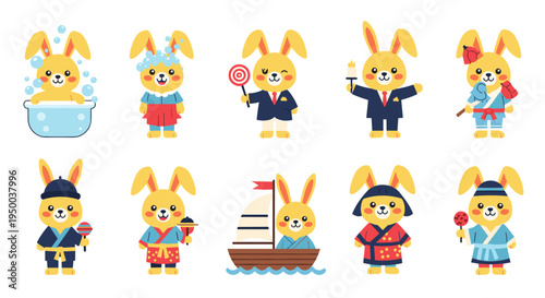 Cute Yellow Bunny Characters in Various Activities: Bathing, Sailing, Celebrating, Working - Cheerful Animal Illustrations with Whimsical Design, Ideal for Kids' Products, Holiday Decorations, Cartoon