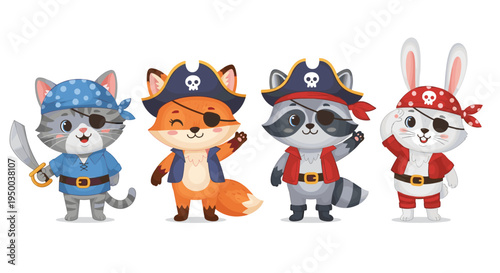 Cute Animal Pirates on a Treasure Hunt Adventure: Cartoon Cat, Fox, Raccoon, and Rabbit Dressed as Buccaneers Waving, Illustration of Playful Characters for Children's Fantasy, Nautical Theme, Adventu