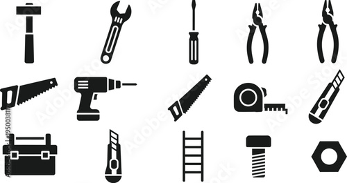 Set of Black Construction and Repair Tools Icons hammer wrench
