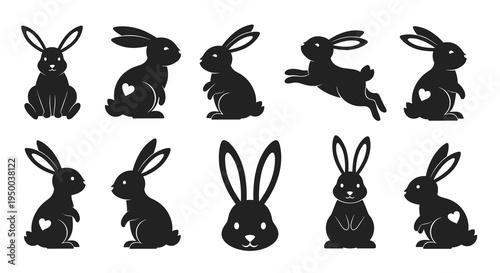 Silhouette Rabbit Collection: Playful Bunny Icons for Easter Celebrations & Spring Designs, Cute Animal Illustrations for Kids Material & Festive Decor, Black & White Minimalist Graphic Set, Kawaii Ch