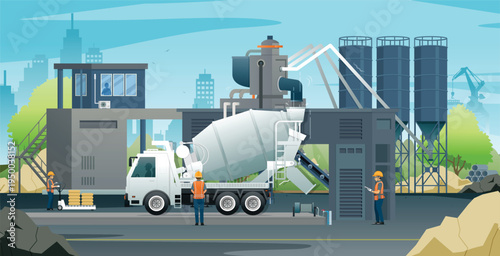 Workers are supervising a cement truck as it fills the concrete plant.