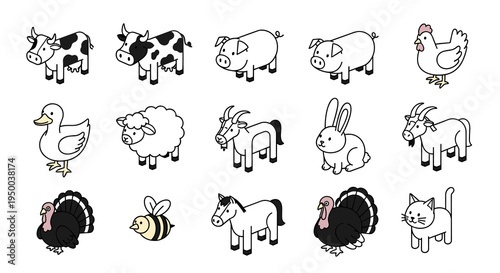 Farm Animals Isometric Icons Set Vector Illustration, Livestock Collection in Minimalist Cartoon Style, Cattle, Pigs, Poultry, Sheep, Goats, Horse, Bee, Rabbit, Feline, Cute Farmyard Creatures Graphic