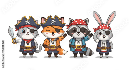 Animal Crew Ready for Adventure: Cat, Fox, Raccoon & Rabbit Pirates Embarking on a Sea Voyage, Embracing Childhood Dreams with Playful Voyage  in Nautical Decor, Holiday Cards, Fantasy Illustration, N