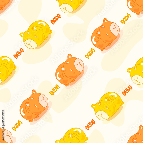 Charming Seamless Pattern with Cute Gummy Capybaras and Sweet Candies