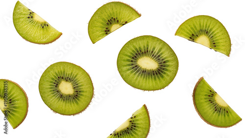 Isolated fresh green kiwi slices and wedges arranged, tropical fruit, healthy juicy snack