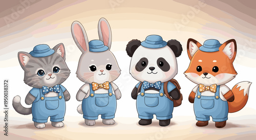 Adorable Animal Friends Out on a Spree: Cat, Rabbit, Panda, and Fox Dressed in Overalls and Hats Enjoying a Playful Day, Perfect for Children's Illustration, Cartoon Style, Cute Mascot Design, Nursery