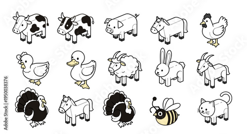 Playful Farm Animals Collection: Isometric Cartoon Vector Characters for Education, Children's Content & Farm-Themed Designs – Adorable Cow, Pig, Chicken, Horse, Duck, Sheep, Rabbit, Goat, Turkey, Mor
