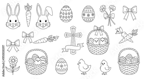 Delightful Easter Coloring Page Elements: Celebrate Spring with Bunnies, Chicks, Eggs, Baskets, and Carrots in a Whimsical Line Art Illustration for Creative Kids' Activities and Religious Celebration
