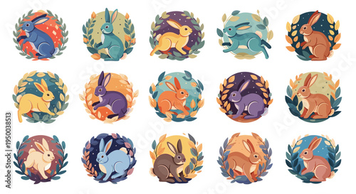 Whimsical Easter Bunnies Collection: Rejoicing Springtime, Playful Hares in Colorful Floral Wreaths | Cute Animal Illustrations for Holiday Decor, Greeting Cards, Children's Books | Joyful Pet Graphic