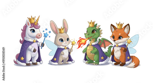 Enchanting Royal Animal Kingdom: Unicorn, Bunny, Dragon, and Fox Embrace Fantasy Attire with Crowns and Magic Wands on White Backdrop in Fairy Tale Realm. Kids Illustration for Books and Dreamy Storyt