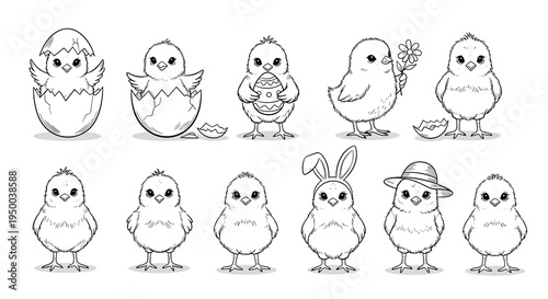 Cute Easter Chicks Collection: Hand-Drawn Baby Chicken Hatching, Holding Easter Egg, with Flower, Wearing Bunny Ears & Hat in Outlines on White Background for Coloring Books, Stickers, Decor & Design