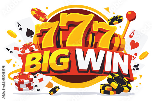 Colorful big win slot machine graphic with triple sevens and gambling elements surrounded by poker chips and playing cards