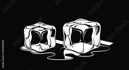 Melting ice cubes illustration, cold drink cooling concept, frozen water cubes graphic, beverage chill symbol, black background vector design
