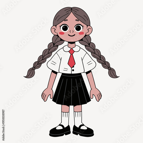 A girl with tan skin, large dark eyes, and rosy cheeks. She has long, brown hair styled into two thick braids.