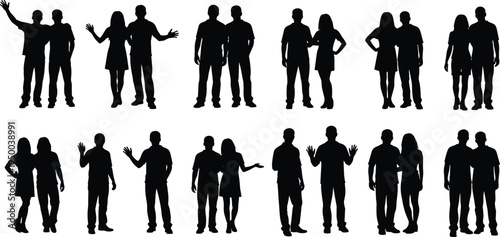 Men and women silhouette collection, people standing together poses, social interaction group characters, human figures vector illustration set