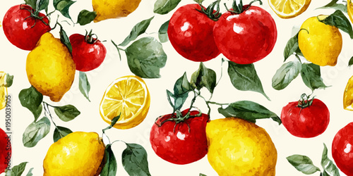 Lemons and ripe red tomatoes creating a vibrant organic watercolor pattern, offering a fresh botanical illustration for cooking, healthy eating, and natural ingredients