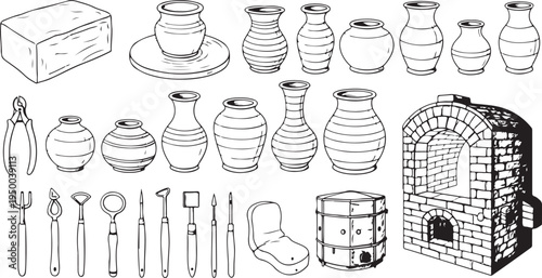 A collection of pottery tools and equipment for ceramic art