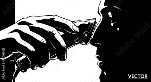 Barber trimming nose hair with electric clipper, close-up vector illustration
