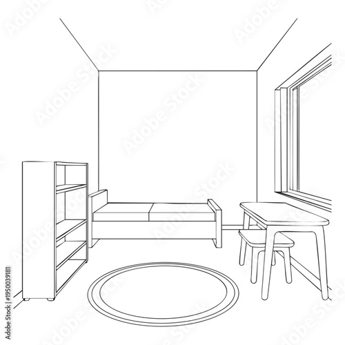 Minimalist bedroom interior with bed table and shelves in black and white line black and white