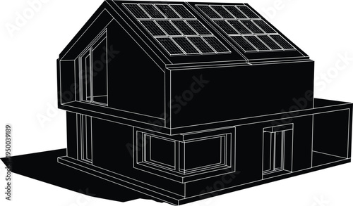 Modern house with solar panels silhouette, sustainable eco home architecture, renewable energy residential building vector illustration isolated design