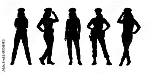 Set of silhouettes of a standing policewoman, front view, isolated - vector illustration