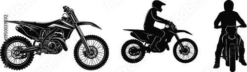 Motocross dirt bike silhouettes set, off road motorcycle rider racing sport icons, extreme biking vector illustration collection