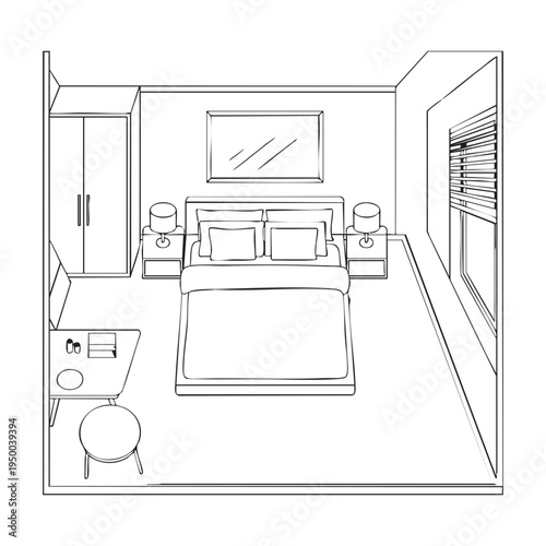 Minimalist bedroom interior with bed table lamp and window