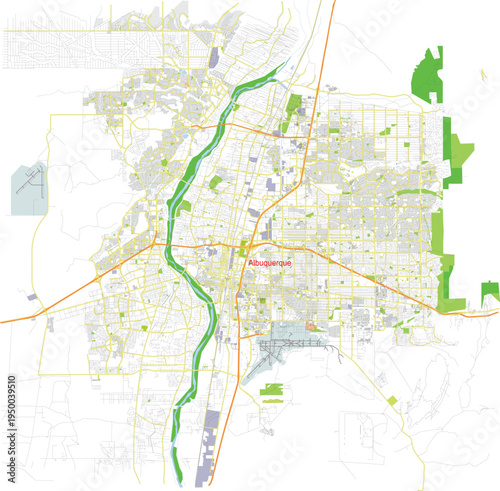 Albuquerque Topographic Color Map, New Mexico with Water Bodies, Nature, Highways and Streets, Editable Vector