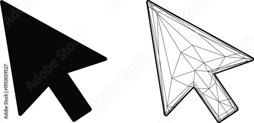 Mouse cursor arrow icons set, pointer click symbol with solid and polygon wireframe design, technology interface vector illustration