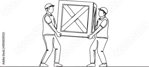 Two workers in hard hats carrying a large crate together