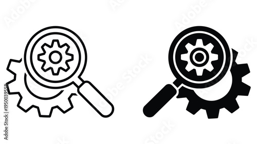 Magnifying, glass inspecting gear icon, representing analysis, settings review, mechanical inspection, and system diagnostics concept, modern flat vector