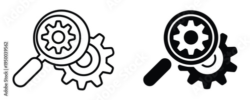 Magnifying, glass with gear vector icon symbolizing inspection, technical analysis, system settings review, and mechanical diagnostics, clean modern flat vector design