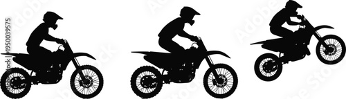 Motocross rider silhouettes collection, dirt bike racing jump action, off road motorcycle sport vector illustration set