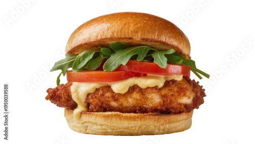 Isolated crispy fried chicken sandwich with fresh arugula, tomato, and creamy sauce on bun