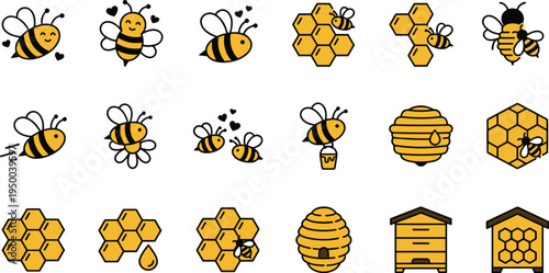 Cute honey bee icons set with honeycomb, beehive, flying bees and honey jar, simple cartoon insect vector collection