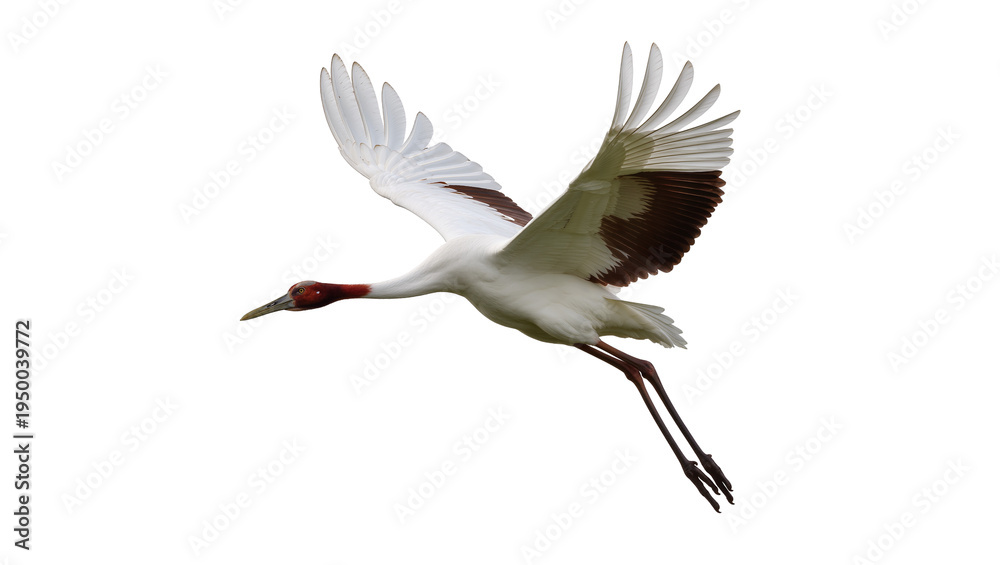 Obraz premium Isolated majestic crane with distinctive red head and powerful spread wings soaring gracefully