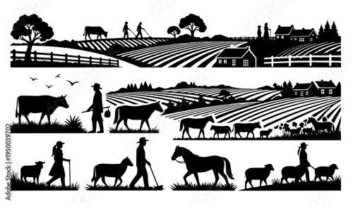 Village Rural Silhouettes People Farm Animals Trees Landscape Vector Set
