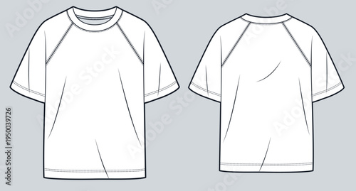 Relaxed Fit T Shirt Fashion Flat Technical Drawing, Streetwear Tee CAD Template, Unisex Athleisure T-Shirt Front and Back View