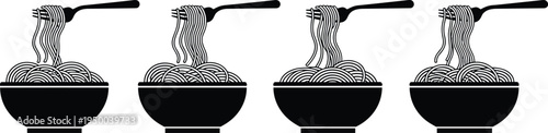 Noodles bowl with fork icon set, spaghetti pasta food illustration, hot meal concept, restaurant cuisine vector collection