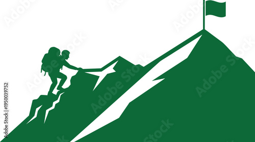 Mountain climber silhouette reaching summit with flag, hiking adventure concept vector illustration symbolizing success, achievement, exploration, outdoor challenge and determination