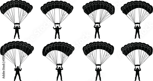 Parachutist silhouettes set, skydiving parachute jump collection, extreme sport skydiver landing vector illustration isolated design