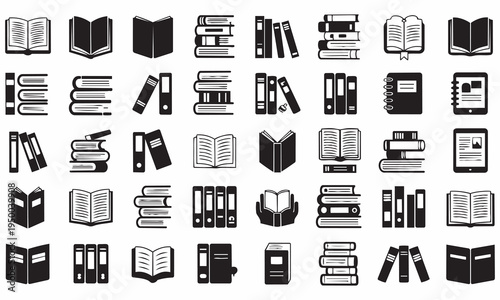 Extensive collection of book and education icons vector set for learning, library, and office graphic design elements, book icon, open book, book stack, e reader