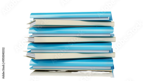 Isolated stack of neatly organized blue and cream colored binders for office supplies.