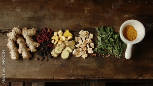 Assorted Herbs and Spices on Rustic Wooden Table