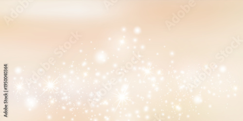 Beige gradient background with golden bokeh and glitter particles creating luxurious sparkle effect on cream texture with champagne dust overlay and abstract glow. Vector illustration.